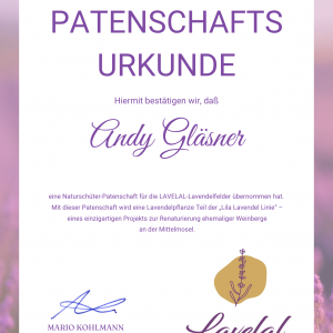 Patenschaftsurkunde von LAVELAL für Andy Gläsner – bestätigt eine Naturschützer-Patenschaft im Rahmen der Lila Lavendel Linie an der Mosel.