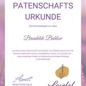 LAVELAL Patenschaftsurkunde: Brunhilde Bahlow übernimmt eine Naturschützer-Patenschaft für eine Lavendelpflanze der Lila Lavendel Linie an der Mittelmosel.