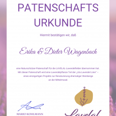 LAVELAL Patenschaftsurkunde: Erika und Dieter Wagenbach übernehmen eine Naturschützer-Patenschaft für eine Lavendelpflanze der Lila Lavendel Linie an der Mittelmosel.