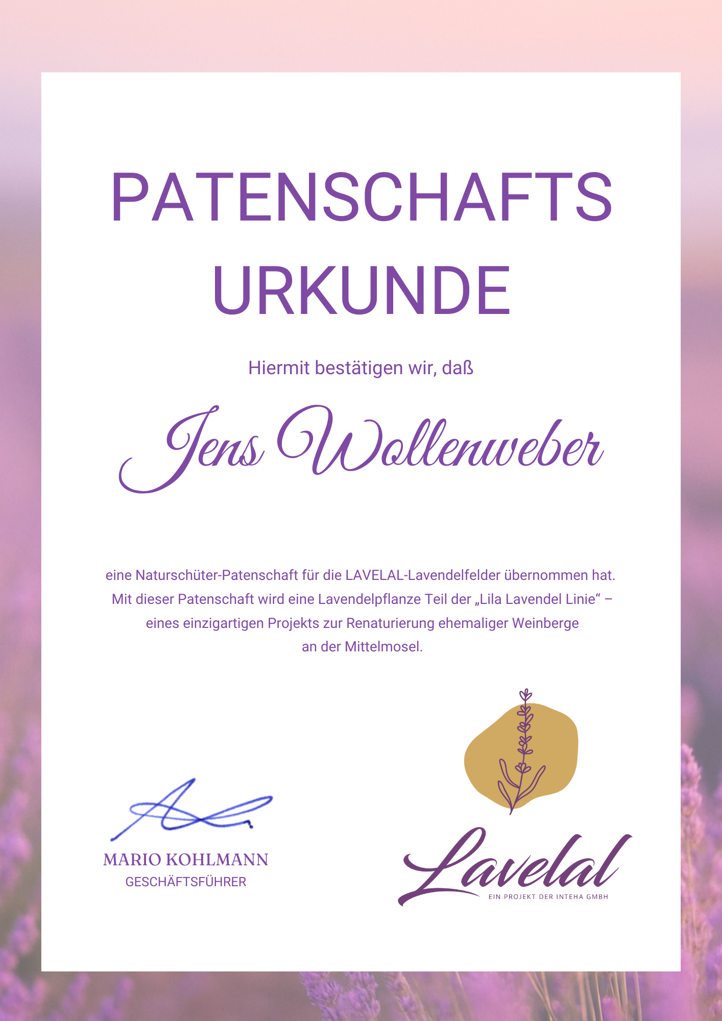 Mit seiner Naturschützer-Patenschaft ist Jens Wollenweber Teil der Lila Lavendel Linie geworden. Diese Urkunde steht symbolisch für sein Engagement – und für eine Lavendelpflanze, die nun auf blühendem Boden an der Mosel wächst. Patenschaftsurkunde für Jens Wollenweber über eine Naturschützer-Patenschaft im Projekt LAVELAL. Die Urkunde bestätigt seine Unterstützung zur Renaturierung ehemaliger Weinberge an der Mittelmosel. Mit Lavendellogo und Unterschrift von Geschäftsführer Mario Kohlmann.